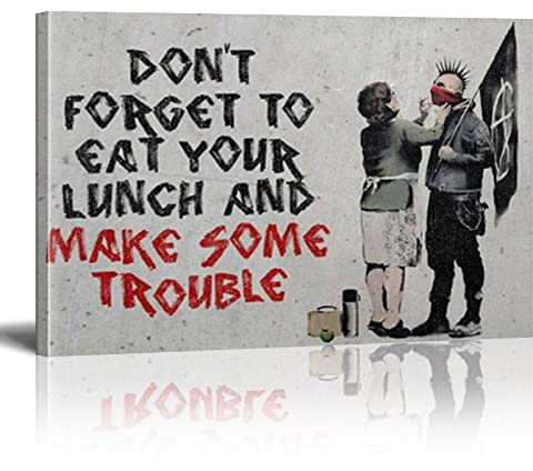 Banksy Bilder Make Some Trouble Banksy Wandbilder XXL Leinwand-Bild Graffiti Street Art Modern Bild für Wohnzimmer Büro fertig Home Wanddekoration zum Aufhängen Mit Rahmen（70×120cm）27.6×47.2 Zoll