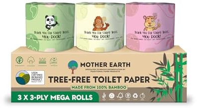 MOTHER EARTH Bambus Toilettenpapier - Ultra Weich & Stark, 3-lagiges Badetuch, 400 Blatt pro Rolle, hypoallergen & septisch sicher, Mega Rollen, 3 Rollen