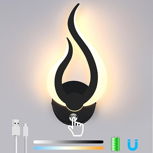 Lightess Applique Murale Intérieure LED 8W Dimmable 3 Température de Couleur Lampe Murale Rechargeable A Pile Moderne Éclairage Tricolore pour Chambre Salon Bureau Escalier(Noir) (Droite)