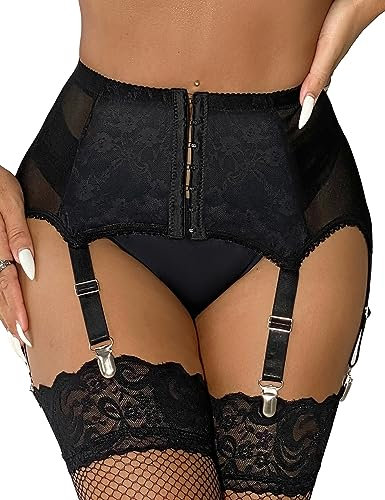 ohyeahlady Liguero Mujer Talla Grande Liga de Encaje y 6 Clips de Metal Ropa Interior Ajustables Liga Tirantes Ropa Interior Liga de Cintura Conjunto de Liguero(XS-S,Negro)