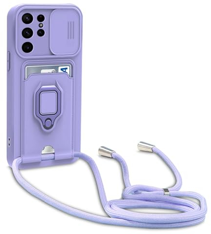 yanasuo Schiebe Kameraschutz Silikon Handykette Hülle kompatibel mit Samsung Galaxy S24 Ultra, Metall Ring Halter Handy Cover,Verstellbarer Halskette Handyhülle-Lila