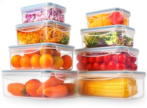 YASHE Frischhaltedose mit Deckel, 8 Teiliges Plastik Vorratsdosen Set, BPA Frei, 100% Auslaufsicher, Ineinander stapelbar, Transparent