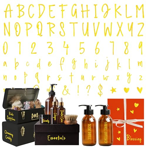 1136 Alphabet Number Stickers, Glitter Gold Folien-Design selbstklebende Vinyl-Skript-Vorratskennzeichnungen wasserdichte Buchstabenaufkleber für Behälter, Küche, Fenster, Lebensmittelglas-Aufkleber