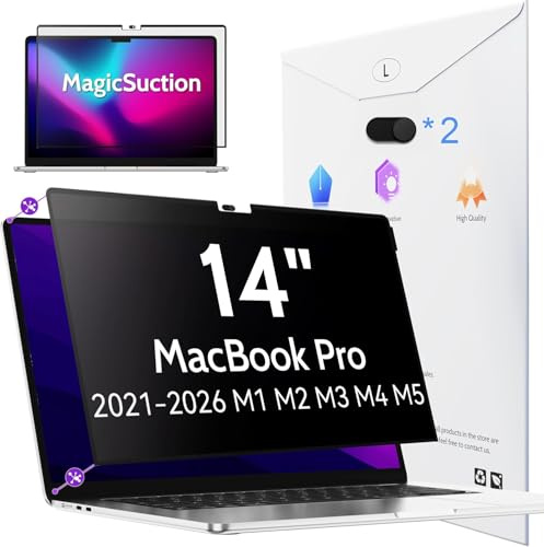 Peslv Sichtschutz für MacBook Pro 14 Zoll (2021-2025, M1, M2, M3, M4, M5), MagicSuction Abnehmbarer Anti-Spionage-Schwarzschutz, Blend-Blaulichtfilter für Mac Laptop Computer