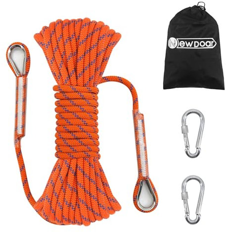 NewDoar 14KN Corde d'escalade Statique 8mm Cordon Accessoire pour Équipement 10m,20m,30m,50m Corde d'évacuation avec 2 Mousquetons pour d'escalade sur Glace Corde de Sauvetage Incendie-Orange/50 m