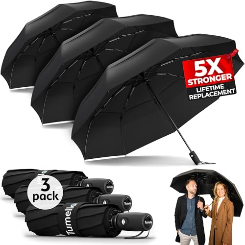 TUMELLA Strongest Windproof Travel Umbrella (Compact, Superior & Beautiful), Small Strong but Light Portable and Automatic Folding Rain Umbrella, Durable Premium Grip, Fits Car & Backpack Triple Black