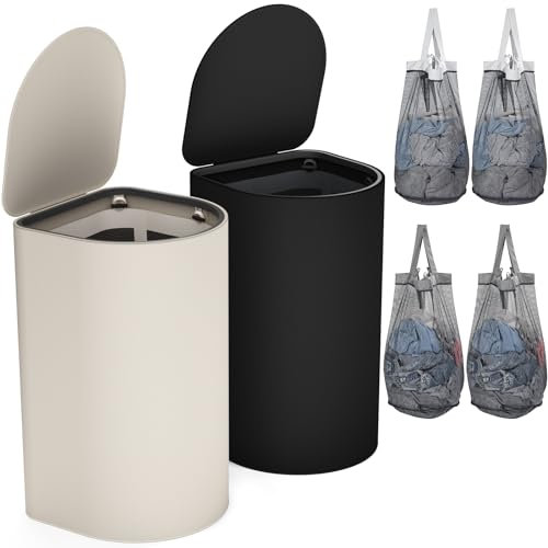 HELLKOPF 2er Pack Wäschekorb mit Deckel 140L Groß Kapazität - Wäschesammler mit 2 Fächer zum Sortieren der Schmutzwäsche, 4 Abnehmbar Innensäcke, Laundry Baskets und Einfach zu Montieren, SchwarzBeige
