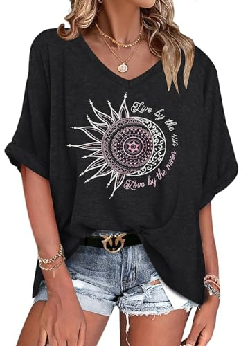 WNEEDU Tee Shirt Oversize Femme Col V été Haut Femme Manches Courtes | Chemisier Top été Décontractée Léger et Aéré