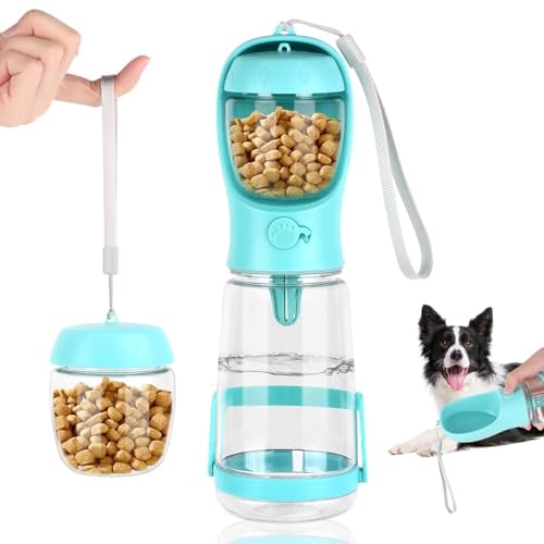 VFANDV Bouteille d'eau pour Chien, Gourde pour Chien pour Les Déplacements, avec Pied Contre Les Déversements et Distributeur de Nourriture pour Chat, Gamelle avec Valve Anti-Retour (Bleu, 550ML)