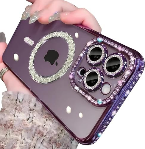 Sitthyw für iPhone 11 Hülle Magnetische Glitzer Handyhülle Kompatibel mit Mag-Safe, Transparent Plating Diamant Mädchen Cover Kratzfeste Kameraschutz Bling Crystal Case Schutzhülle, Lila