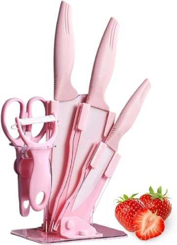 Kitchen Ceramic Knife Set, 6-Piece Professional Chef Knife Set with Knife Block, Ultra Sharp Cooking Knife Set with Ceramic Peeler & Scissors for Cooking Vegetable and Fruit (Pink)