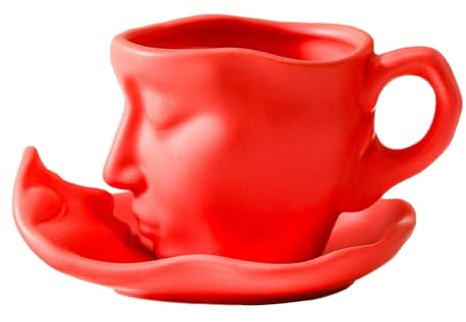 Kiss Face Tea Cup Saucer Set - 100ml Kiss Coffee Cup Set, Unique Tea Cup and Saucer | Ceramic Kiss Couple Design, Abstract Art, Tea Cup, Kiss, Lovers, Face Sculpture Coffee