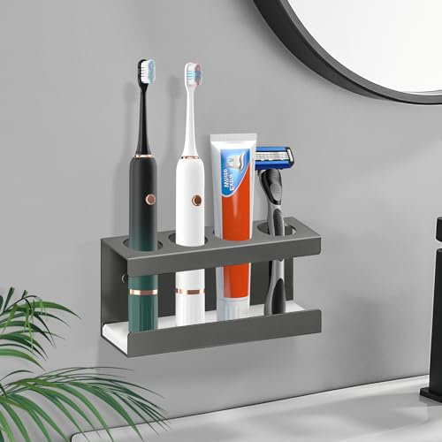 Zahnbürstenhalter Grau 4 Loch Blende 35mm Elektrische Zahnbürste Aufbewahrung Ausgestattet mit Kleber und Schrauben, Bohren oder Ohne Bohren EIN Zweizweck Aufsteckbürsten Halter (Grau, 4 Loch)
