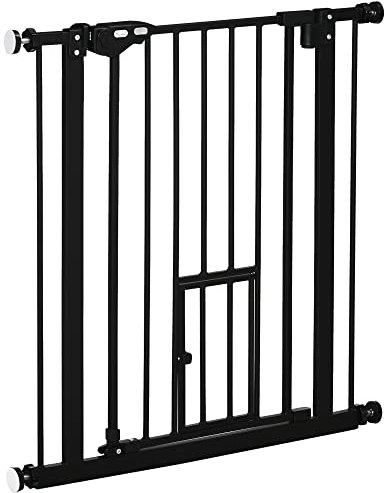 PawHut Barrera de Seguridad para Perros Barrera para Mascotas Extensible con Puerta Pequeño Cierre Automático y Sistema de Doble Bloqueo para Puerta Pasillo Escalera 74-80x76,2 cm Negro