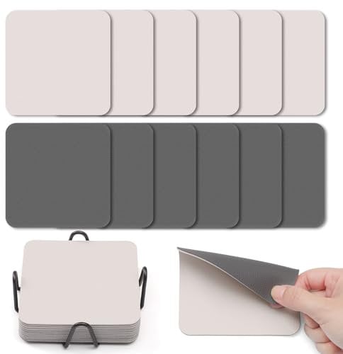 Myir JUN Untersetzer Gläser 12er Viereckige Glas Untersetzer Set 10cm Doppelseitige Untersetzer Teller Wasserfeste rutschfeste Untersetzer mit Untersetzerhaltern(Grau Beige)