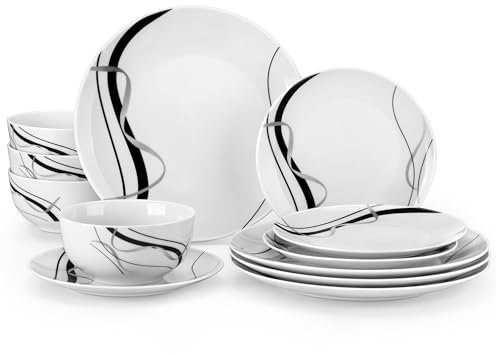 VEWEET Porzellan-Geschirr-Set für 4 Personen, 12-teiliges Teller- und Schüssel-Set mit schwarzen und grauen Bandlinien, Geschirr-Set für Abendessen, mikrowellen- und spülmaschinenfest, Serie FIONA