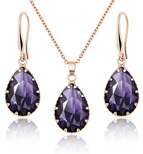 Linawe Amethyst Schmuck Set Schmucksets für Damen, Damenohrringe Rosegold Ohrringe Hängend, Anhänger Kette Halskette Brautschmuck Modeschmuck Jewelry Set