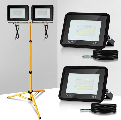 Jopassy LED Baustrahler Arbeitsleuchte mit Stativ, 2x30W 3000K Warmweiß Arbeitsstrahler, IP66 Wasserdicht, 2550LM Baulampe, Led Baustellenlampe Höhenverstellbares Stativ und 1m Kabel (Kein Stecker)