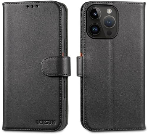 LENSUN Genuine Leather Case for iPhone 16 Pro Max 5G, Flip Case with Magnetic Closure, RFID Protection, Card Slot, Black
