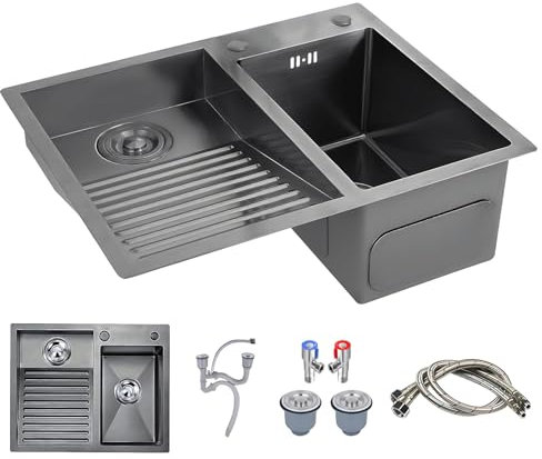 Schwarzes Edelstahl-Waschbecken Mit Waschbrett, Tiefe Spülen Für Den Hauswirtschaftsraum, Waschbecken Küche, Badezimmer, Balkon, Doppelbecken, Leicht Zu Reinigendes Kellerspülbecken Mit Doppelbecken(6