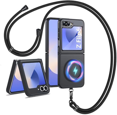 Coque Magnétique avec Cordon Compatible avec Samsung Galaxy Z Flip 6, Compatible avec MagSafe, Etui Translucide Mat Arrière, Housse Téléphone Antichoc avec Collier Lanière Réglable Téléphone, Noir