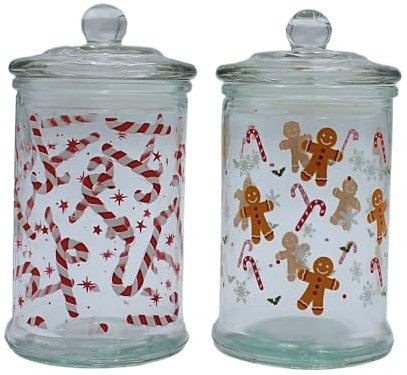 Dekohelden24 Tarro aromático, recipiente de cristal con diseño de Navidad, tarro de galletas con diseño de pan de jengibre y bastones de caramelo, altura de 15 x 8 cm, capacidad de 300 ml por vaso,