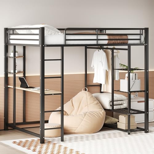 Merax Hochbett aus Metall, 140 x 200 cm, mit Schreibtisch, einfacher Kleiderschrank, und Regal, multifunktionales Hochbett für 1 Platz mit Treppe, Schwarz (ohne Matratze)