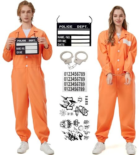 KUKIKUKI Prisoner Costume for Men Women, Orange Prisoner Jumpsuit Adult Prisoner Dress, Halloween Carnival Inmate Costume Prisoner Costume Adults
