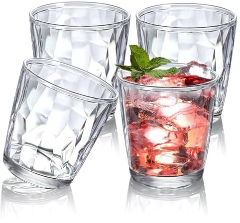 4pcs Plastic Tumblers for Adults, Acrylic Plastic Glasses Reusable Drinking Glasses 310ml, Plastic Cups Beakers Cocktail Glasses Whiskey Glasses for Juice Beer Wine, for Picnic Camping Party (Clear)