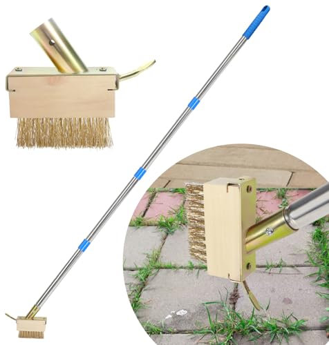 Juxifyron Crack Weeder, Moosentferner-Werkzeug, manuelles Fugendüse, Unkrautabzieher, Fugenbürste mit 170,2 cm langem Griff für Deck, Pflastersteine, Terrasse, Gehweg, Auffahrt – 2 Unkrautbürstenköpfe