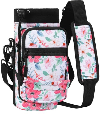 Nuovoware Water Bottle Carrier, 1000ml Bottle Carrier Sports Water Bottle Holder with Adjustable Shoulder Strap, 2 Pockets Flask Sling Bag Drawstring Pouch for Climbing Hiking, Floral Pink