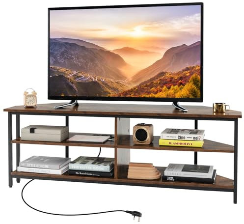 Soporte de TV rústico marrón con estación de carga para televisores de hasta 60 pulgadas, armario multimedia de esquina con estantes de almacenamiento, mesa consola de 140 cm para sala de estar y