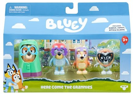 Bluey Figure 4-Pack Here Come The Grannies, Episode-Themed Toys | Includes Janet, Rita, Madge, and muffin from Bluey as Gladys, with moveable arms, 2.5-3 in tall