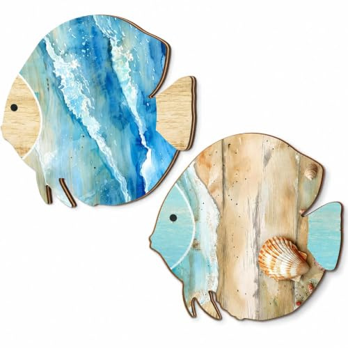 Zerodeko 2 Stück Wanddeko Fische Holz, Maritime Deko zum Aufhängen Himmelblau, 15cm Holzfische Wandgestaltung für Badezimmer Wohnzimmer, Sommerliche Meer Deko Set Fischskulpturen