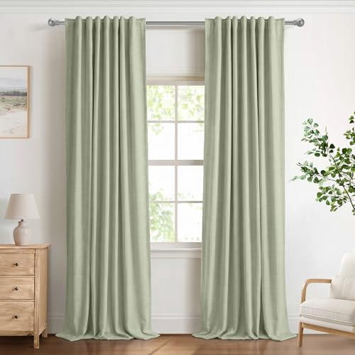 DEFYNEE 100% Verdunkelungsvorhang 2er Set H245xB140cm SageGreen | Leinenoptik, OEKO, Blackout-Rückseite, Thermo, Lärmschutz, Sichtschutz, Schlaufen & Stangendurchzug, Schlaf- & Wohnzimmer.
