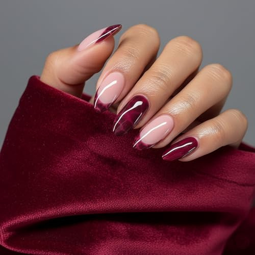 Dark Red Marble Press On Nails Almond Shape Short Gothic Autumn Nail Art Kit - Elegant Wine Burgundy False with Silver Swirls Designs Handmade Stick On Accessories for Women Halloween
