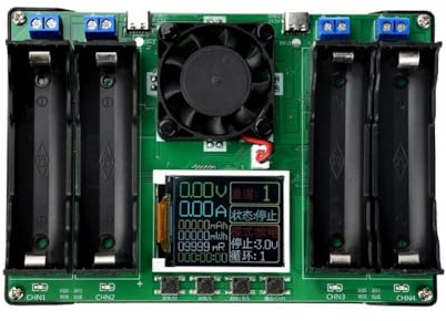 CashMuch 4-Channel Battery Capacity and Internal Resistance Tester with Active Cooling Fan, for 18650/14500/16340 Li-ion Batteries, 1A Charge/Discharge, 9 Cycle Mode, Green