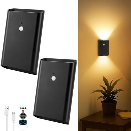 Toowell 5000mAh Rechargeable Wall Lights Rechargeable No Drilling,2 Pack | Remote Control 3 Color Dimmable Stick On Wall Lights Motion Sensor Lights Indoor,Battery Operated Lamp for Stairs Bathroom