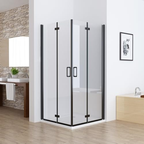 MIQU Duschkabine Eckeinstieg Falttür 90x90, Höhe 185 cm, ohne Duschwanne | 6mm klares ESG NANO Glas, Matt Schwarz Rahmen, faltbare Pendeltür, mit Hebe‑Senk‑System Duschwand für Dusche Duschabtrennung