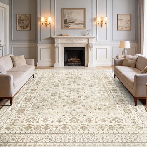 Capslpad Vintage Teppich Wohnzimmer 240x340cm Beige Waschbar | Kurzflor Boho,Retro Teppich,Weich Rutschfest,Großer Teppich,für Wohnzimmer,Esszimmer,Schlafzimmer,Büro,Teppiche