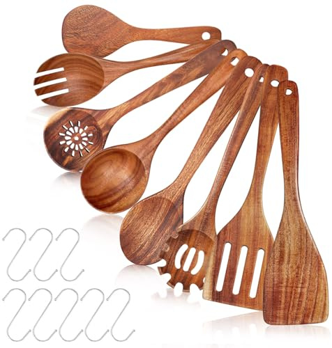 8 Piezas Juego de Utensilios de Cocina de Madera de Acacia con Espátula | Cucharón Cubiertos para Ensalada Cucharón para Pasta Cuchara para Arroz y 8 Ganchos en S, Resistente y Antiadherentes