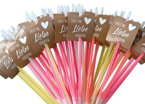 100x Knicklichter Hochzeit Bunt mit Anhänger - 6-Farben-Mix Leuchtstäbe Set inkl. Kraftpapier Optik Etiketten Lasst die Liebe leuchten - Gastgeschenke & Partydeko für den Hochzeitstanz