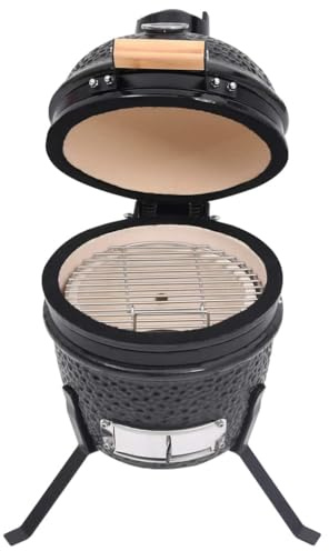 Ceramic Kamado Barbecue Grill with 26.5 cm Cooking Grid, Mini Smoker and Grill with Hinged Lid, Built-in Thermometer, and Powder-Coated Steel Feet, Black