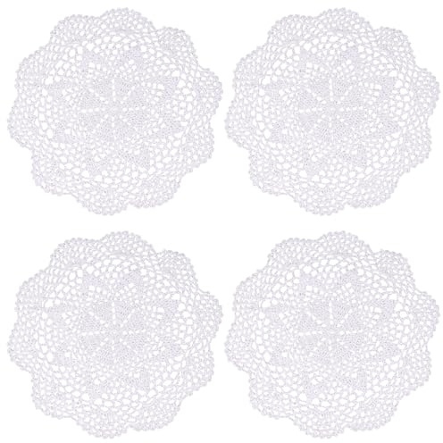 kilofly, Centrino da tavolo in cotone lavorato all’uncinetto, tovagliette a fantasia floreale, confezione da 4, Cotone, bianco, 10 inch white