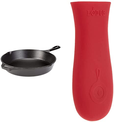 Lodge 26.04 cm / 10.25 inch Cast Iron Round Skillet/Frying Pan & Classic Silicone Hot Handle Holder, Red