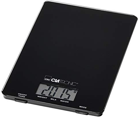 Clatronic Küchenwaage | Messbereich bis zu 5000 g | 1 g-Schritte | Tara-Funktion | Backen | Kochen | Glas-Wiegefläche | Abschaltautomatik | LCD-Display | gummierte Füße | KW 3626 schwarz