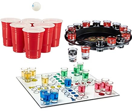 Relaxdays 3 teiliges Trinkspiel Set XXL für Erwachsene, Drinking Ludo, Trink-Roulette, Beer Pong Becher rot, Partyspiel, Saufspiel, ab 18