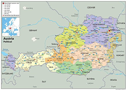 Politische Karte von Österreich – Papier, laminiert A1 Size 59.4 x 84.1 cm