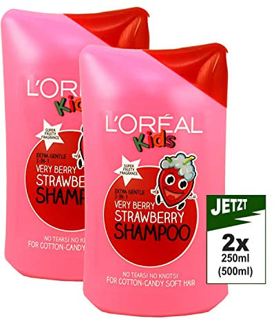 L'Oréal Kids, Very Berry Strawberry, shampoo per bambini alla fragola, 2 confezioni da 250 ml (= 500 ml) (etichetta in lingua italiana non garantita)