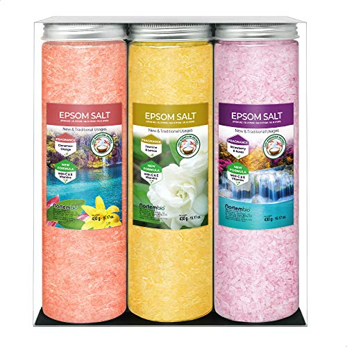 Nortembio Sali di Epsom Pack 3 x 430 g. Fragranze di Cannella, Gelsomino, Rose. Idratati con Vitamina C ed E. Sali da Bagno Profumati, Aromaterapia, Terapie di Galleggiamento. E-Book Incluso.